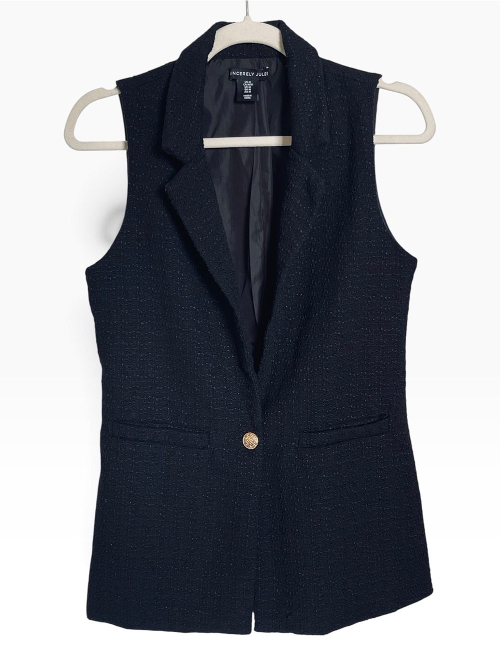 Sincerely Jules Tweed Tailored Vest Blazer Jacket Black Gold Button Medium M